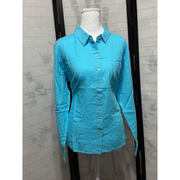 Candace Cameron Bure Tops - Candace Cameron Bure Linen Shirt Medium Blue Button Down Petite Coastal Boho